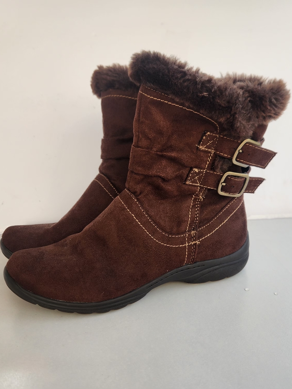 Earth Spirit Dark Brown Suede Faux-Fur Ankle Boots with Buckles